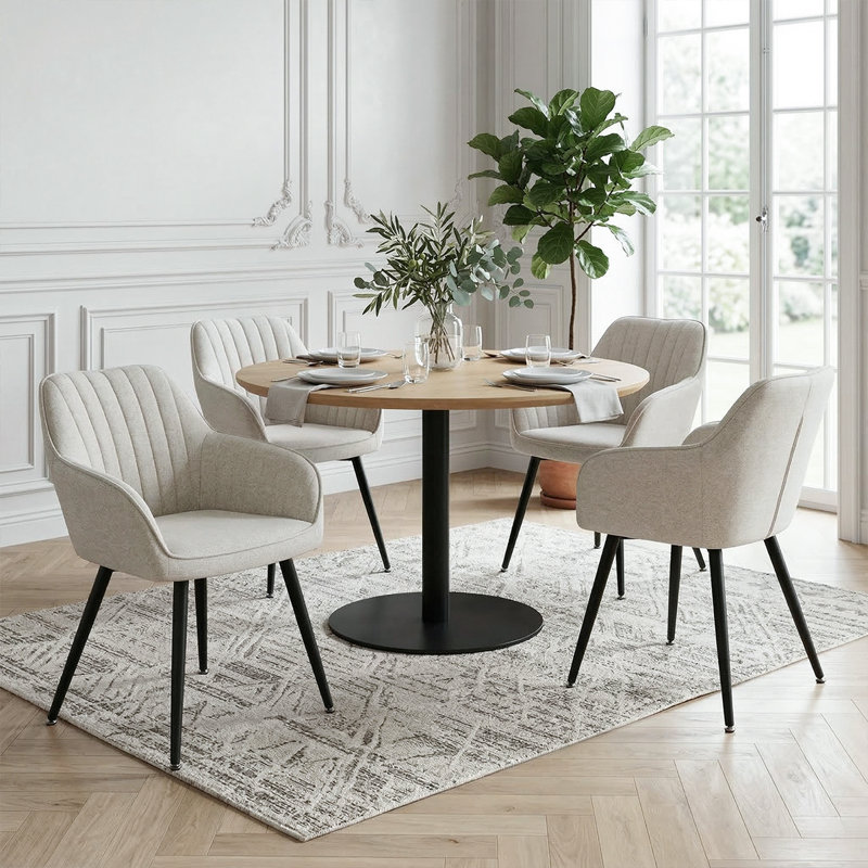 Modern Upholstered Dining Armchair with Channel Tufted Back, Beige
