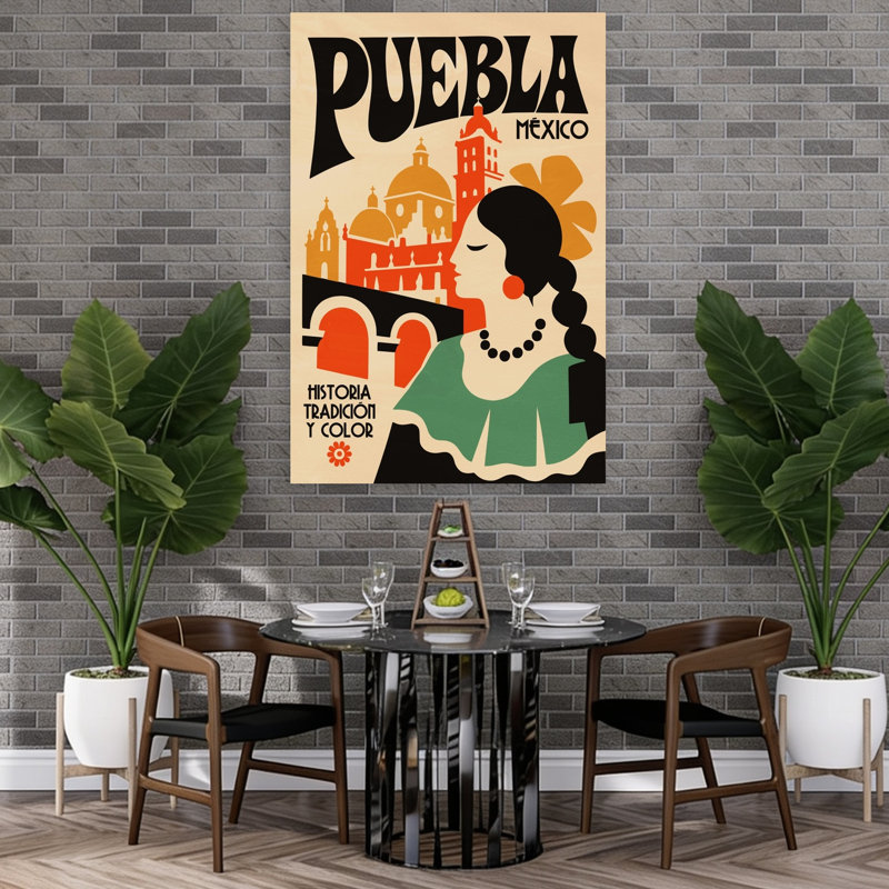 Retro Puebla Mexico Travel Colorful Retro Traditional Architecture City Wall Art Print 1 Piece Wrapped Canvas Wall Art
