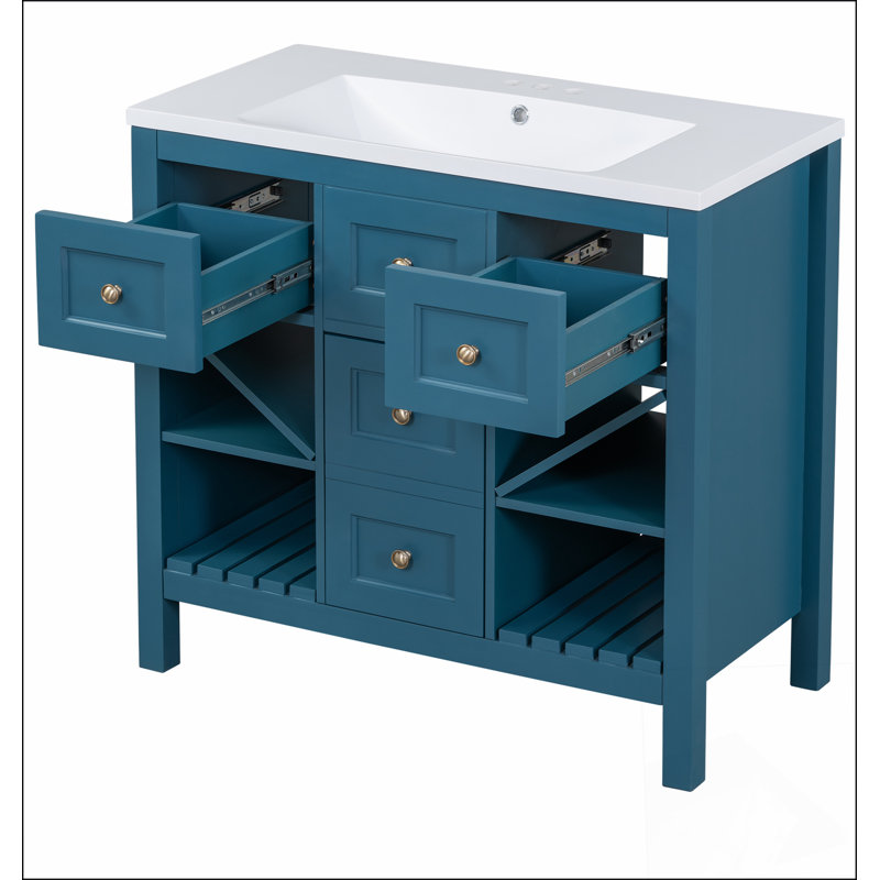 Ensemble de meuble-lavabo 36 po avec lavabo en résine, armoire de rangement en bois massif, ensemble de meuble-lavabo autoportant avec 5 tiroirs et portes à fermeture douce (Identique à SW000141AAM)