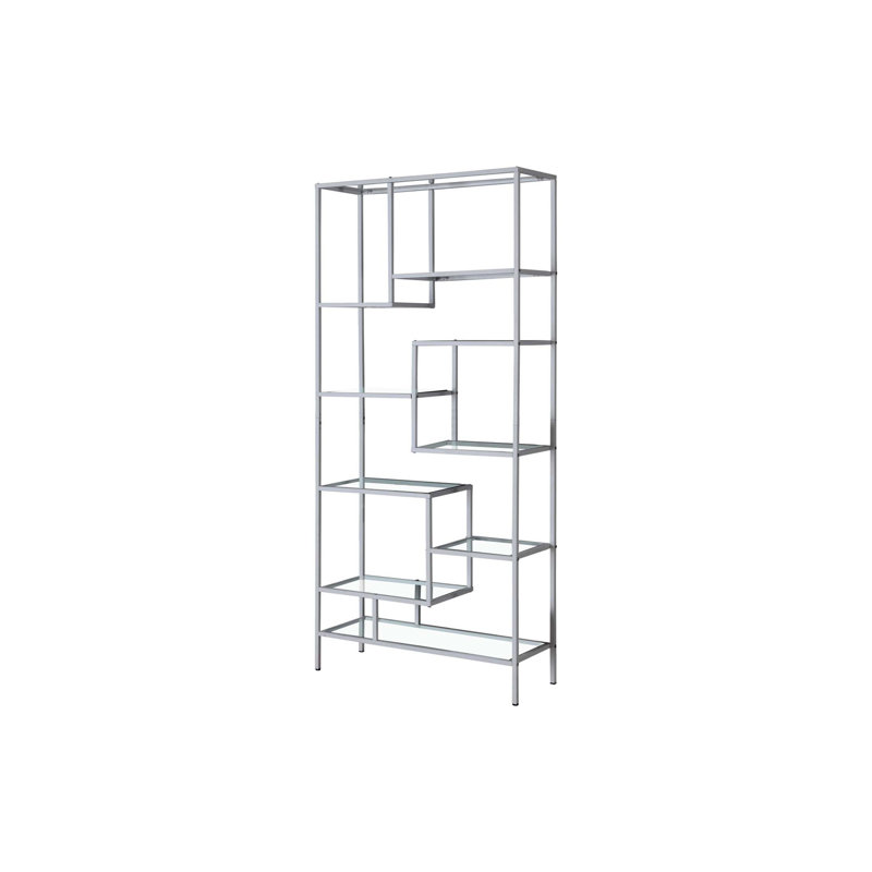 Bookshelf Bookcase Etagere 72"H Office Bedroom Metal Tempered Glass, Silver