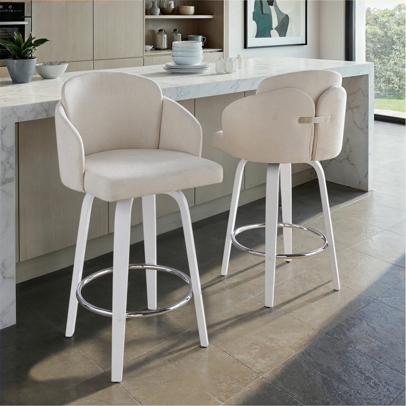 Tabouret de comptoir à hauteur fixe avec pivot en bois blanc et tissu crème avec repose-pieds rond chromé - ensemble de 2
