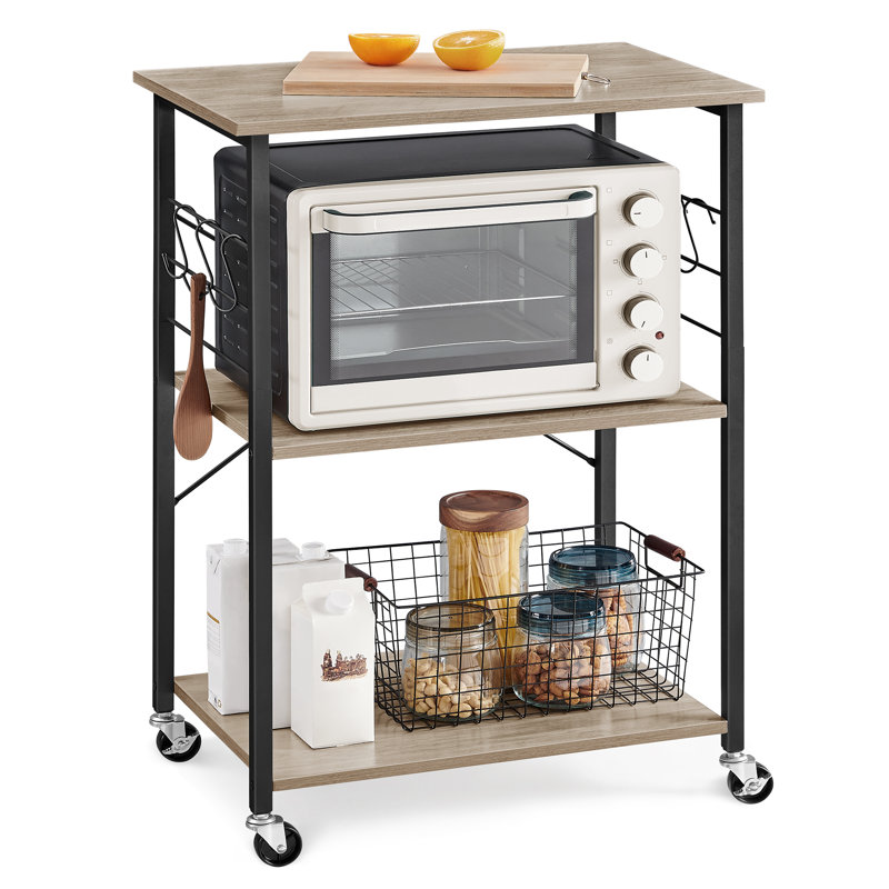 Kitchen Shelf On Wheels, Serving Trolley With 3 Shelves, Microwave Shelf, For Mini Oven, Toaster, With 6 Hooks, Industrial Style, Golden Oak And Cloud White