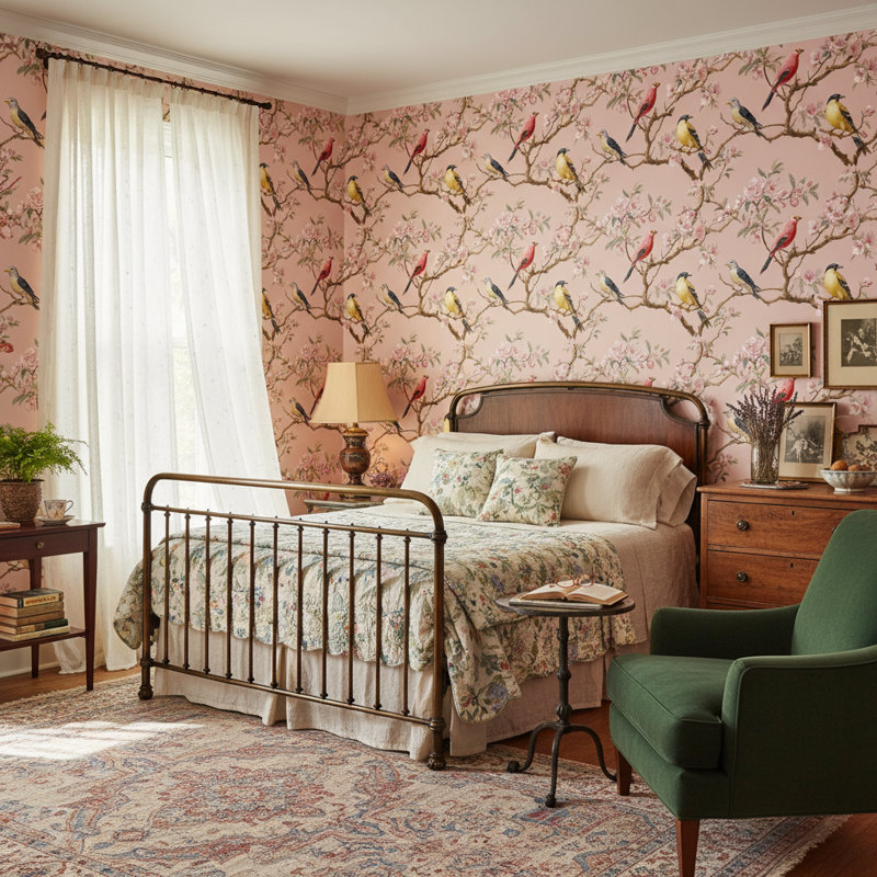 Papier peint floral avec oiseaux rétro