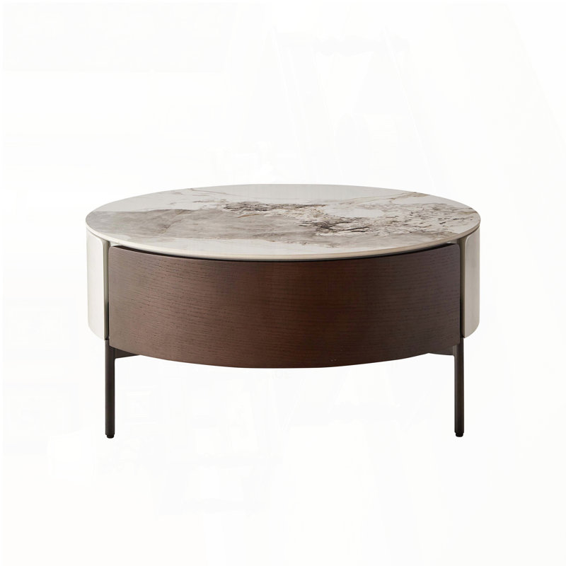 Table basse ronde moderne avec tiroirs et pieds en métal, table basse tambour