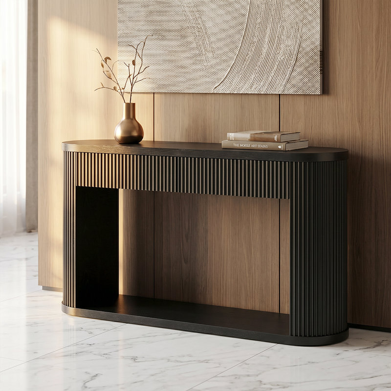Console élégante avec design cannelé, glissières en métal et tablette de rangement ouverte, Noir