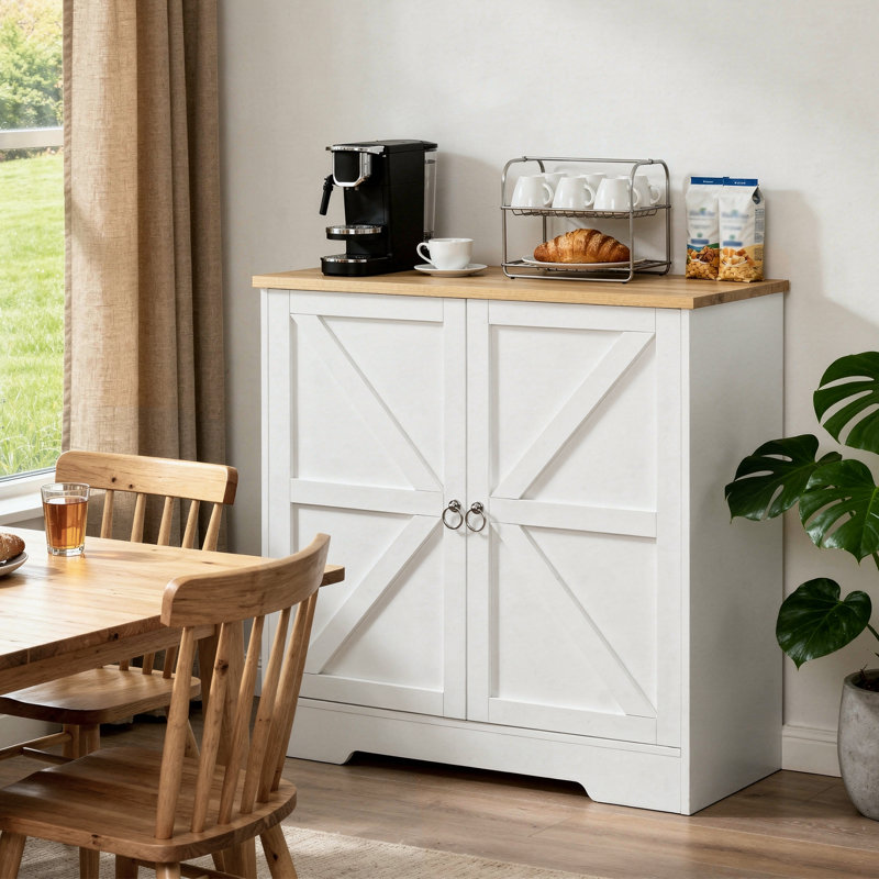 Buffet 32 po avec tablettes réglables, armoire de rangement avec rangement, armoire de rangement pour la cuisine, station café, blanc et naturel