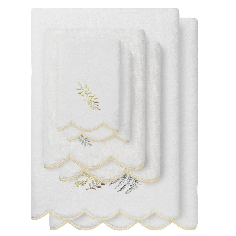  100% Turkish Cotton FERN TOSS Scallop 6PC Embellished Towel Set, White/Beige, 6 Piece Towel Set