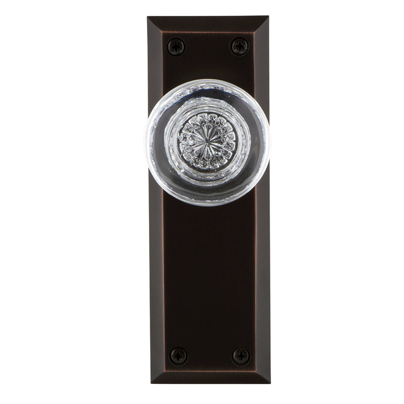 New York Plate with Round Clear Crystal Door Knob, Timeless Bronze, 2-3/4”