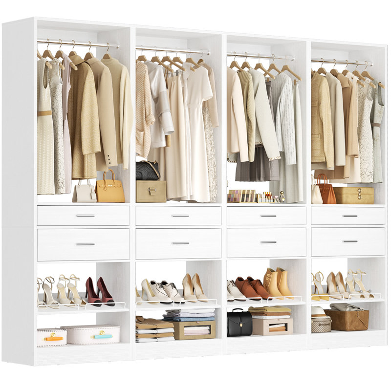 98"W Freestanding Closet With Hanging Rod And Drawer, 80"H x 98"W x 15.8"D, White