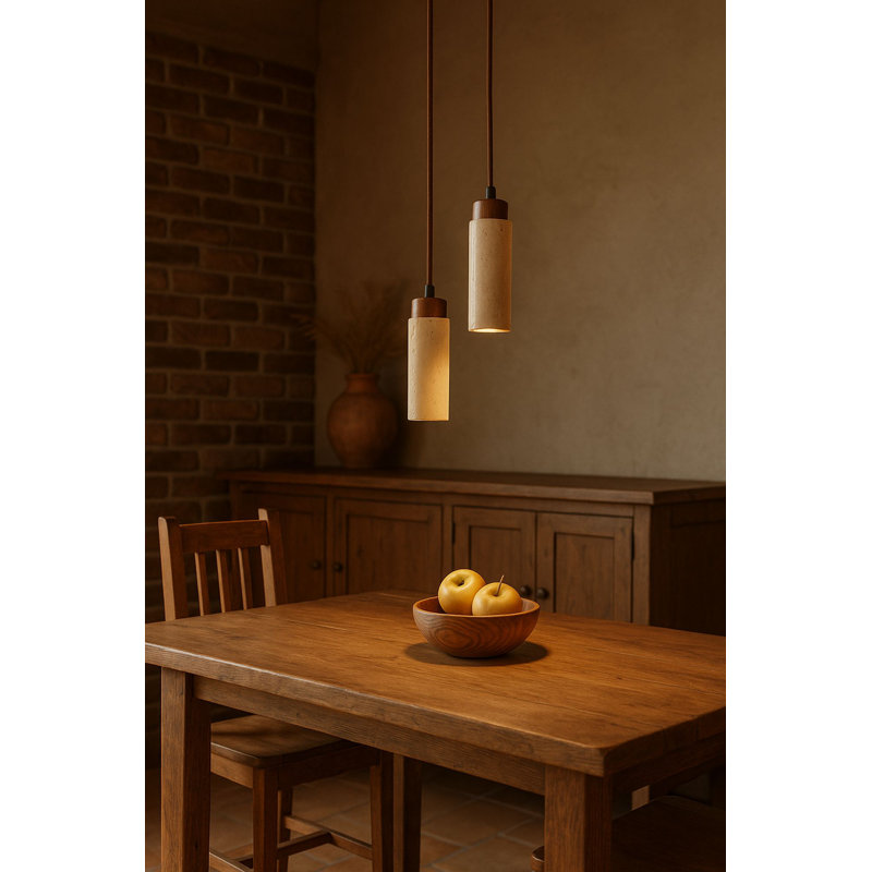 Lustre réglable élégant avec structure en métal plaqué en bois, finition beige et noyer | Hauteur totale: 9 à 60 pouces | Capuchon de diamètre de 6,5 po x 7,1 po | 2 x douille GU10 (10 W maximum), ampoule non incluse | Parfait pour la salle à manger et les espaces de vie
