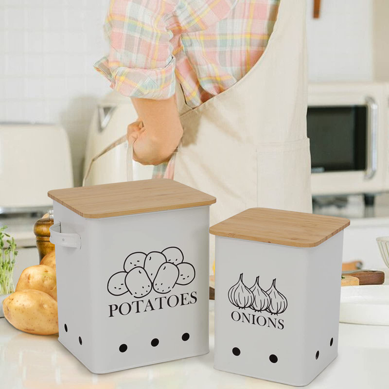 Ensemble de 2 boîtes de rangement pour légumes pour pommes de terre, oignon, avec couvercle en bois, Blanc