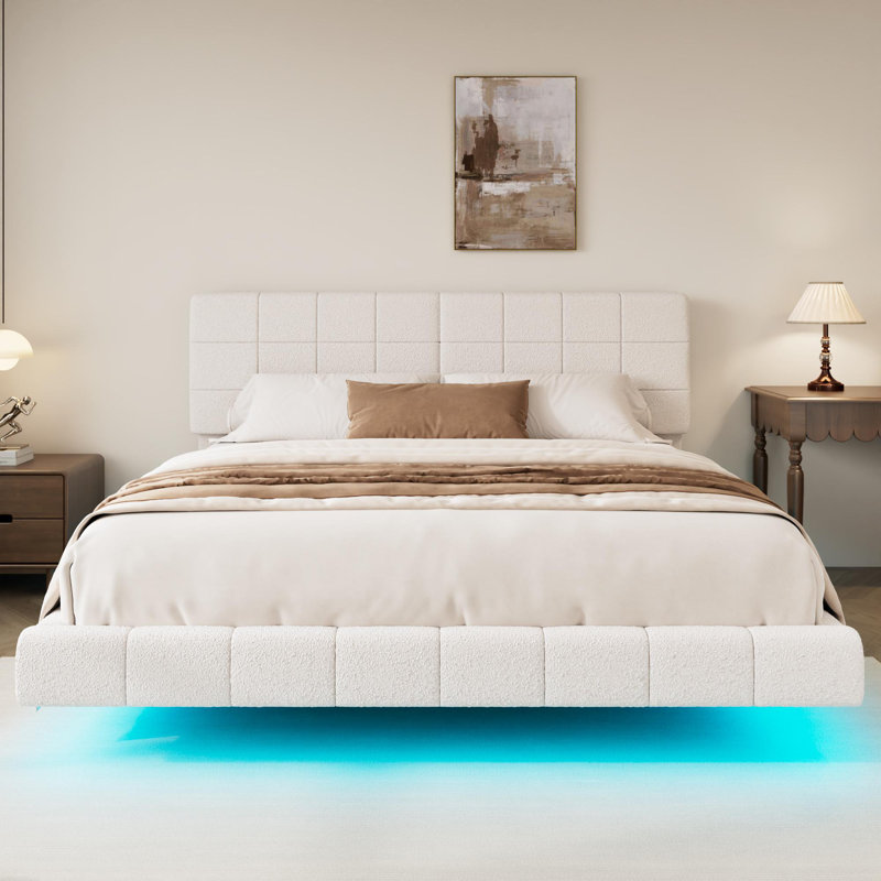 Lit flottant blanc avec lumière, très grand, Très grand lit