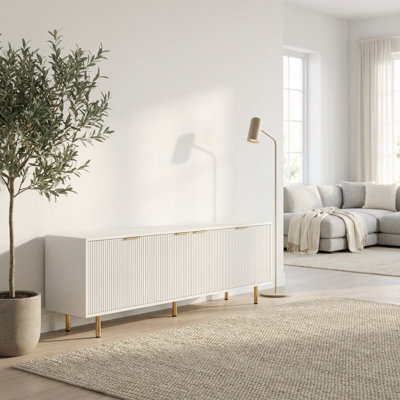 Contemporary Fluted Media Console with Storage Cabinets for Large Screen Televisions and Entertainment Systems