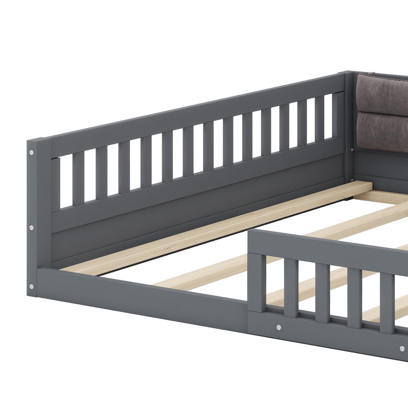 Upholstered Platform Bed Frame with Safety Guardrail, Gray