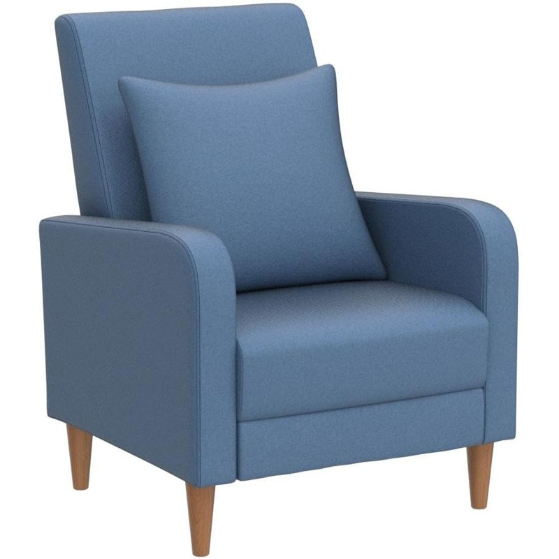 Blue Upholstered Accent Chair with Wooden Legs and Pillow