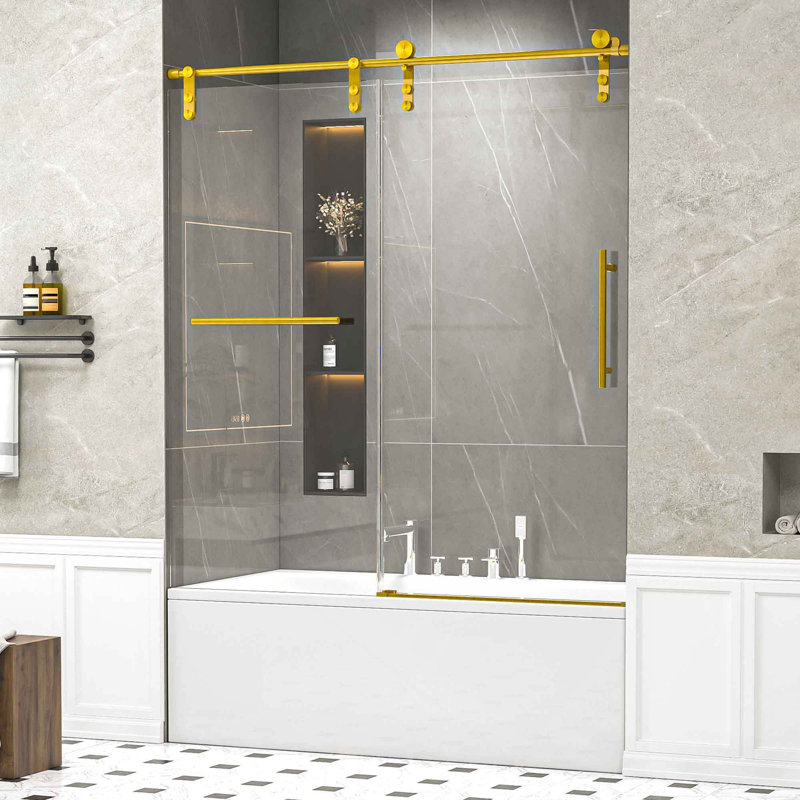 Porte de douche coulissante simple sans cadre avec porte-serviettes et poignée auxiliaire