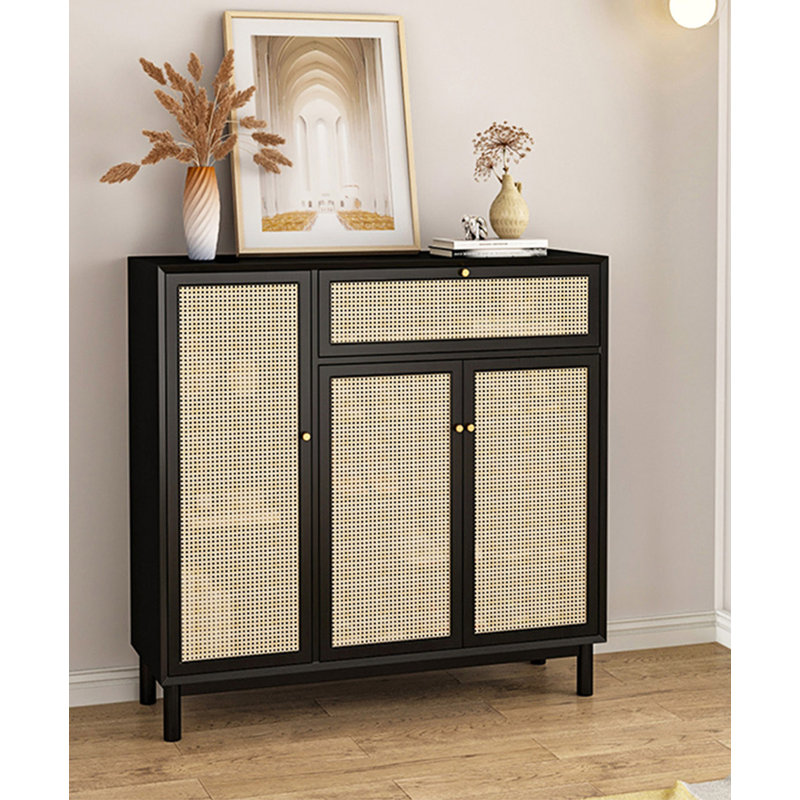 Armoire à chaussures minimaliste en bois massif de rotin moderne, Black/Natural
