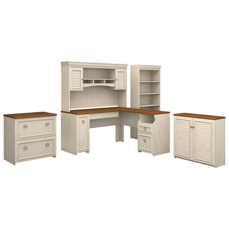 Ensemble de bureau d'ordinateur en L avec bahut 4 pièces Huckins, Blanc antique