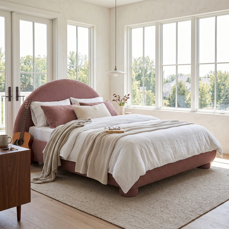 Lit plateforme tapissier, Boucle, Tête de lit cintrée et arquée, Moderne, Chambre à coucher, Lit double, Rouge brun-roux