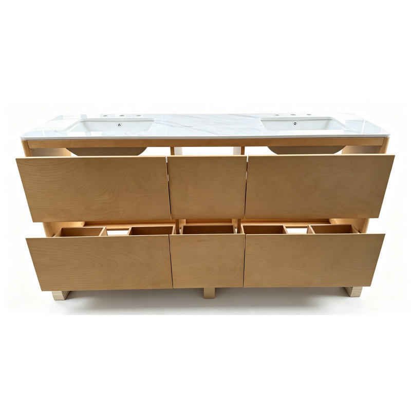 Meuble-lavabo double de 183 cm (72 po) entièrement assemblé, avec comptoir en marbre artificiel, six tiroirs et pare-éclaboussures en bois naturel.