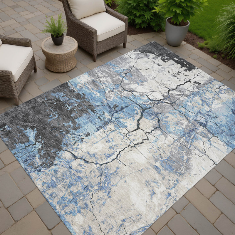 Tapis abstrait lavable à la machine intérieur / extérieur ACN2431 Chantille, Sarcelle, 10 pi x 14 pi