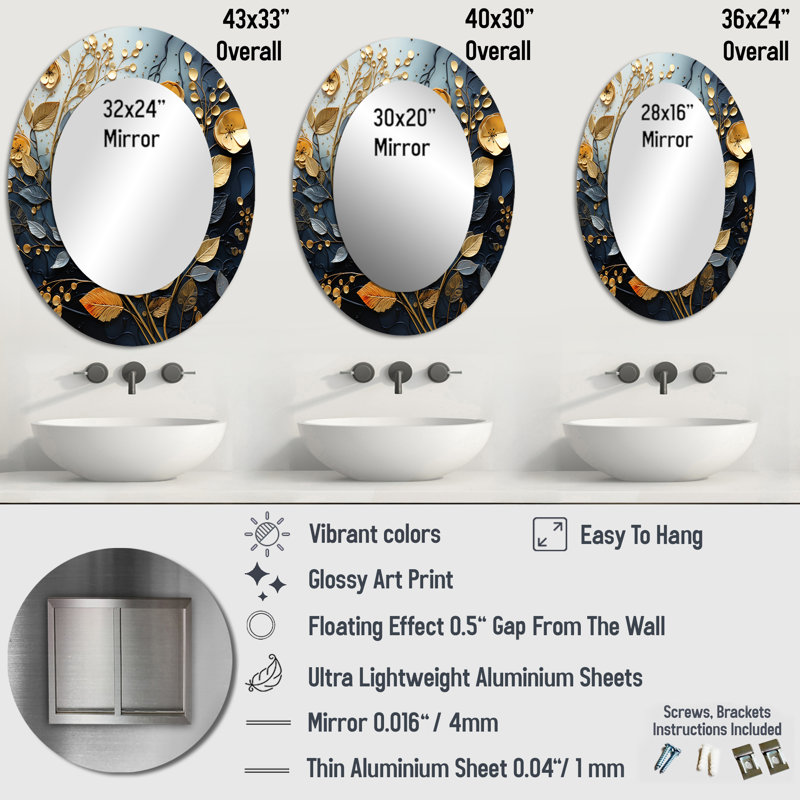 Miroir décoratif floral ovale noir et doré en hiver I, 36 po x 24 po