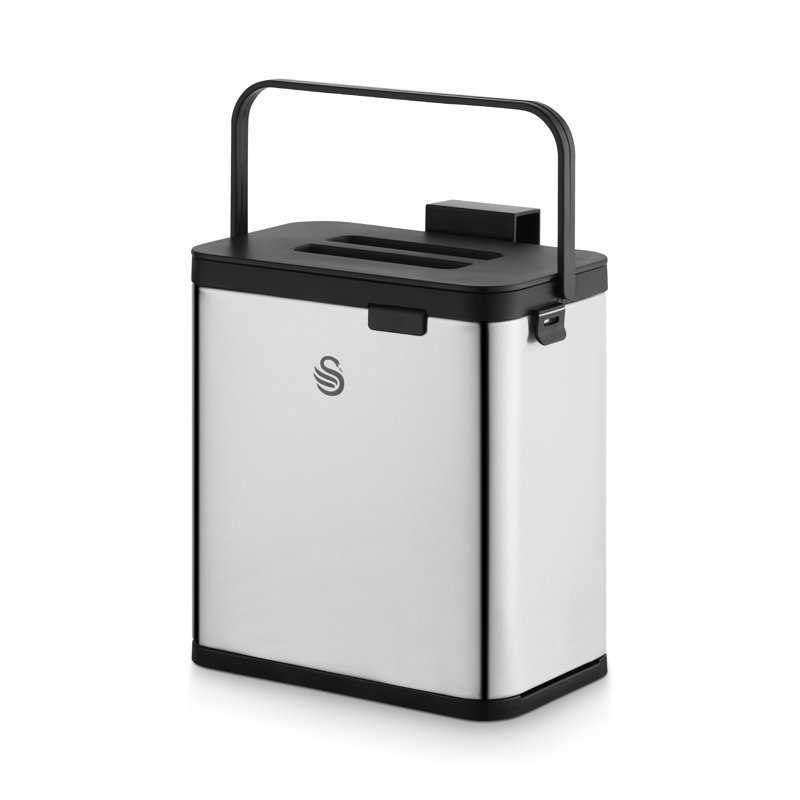 Swan 3L Kitchen Compost Caddy with Door Hanging Hook and Surface Adhesive, Stainless Steel with Fingerprint Proof Matt Finish
