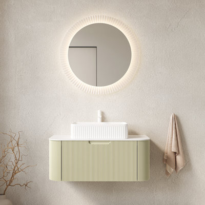 36" Bathroom Vanity With Wall - Mounted Storage, Curved Edges, White Ceramic Basin, 3D Striped Finish, Plywood Cabinet, Soft Close Drawer, Pre Assembled, No Faucet Floating Design, Rectangular Color,