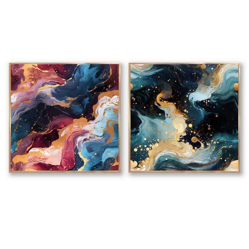 Gold Dreams Galactic Marble Dreams - Ensemble de 2 collages abstraits carrés, H 16 po x l 33 po, Cadre flottant doré