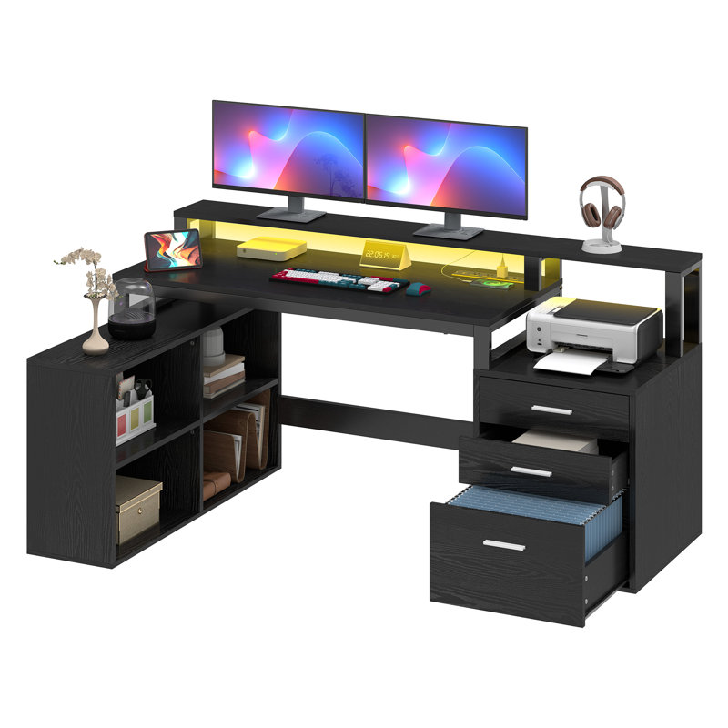 Bureau en L Balconera de 65 po avec prises de courant, lumières DEL et support pour écran, Noir
