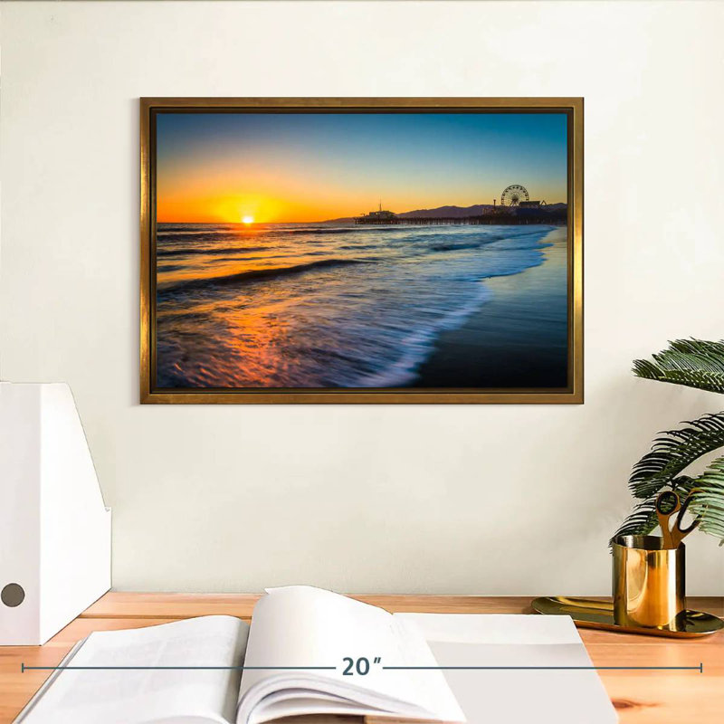 Santa Monica Pier au coucher du soleil, Cadre flottant doré, 13 po x 9 po