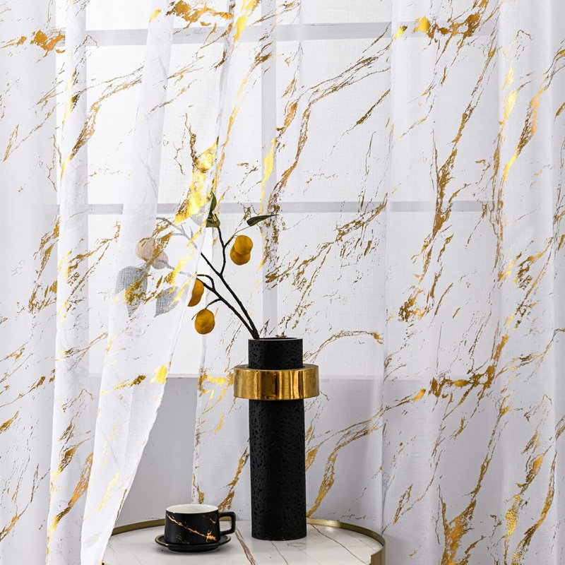 2 pièces Gaze blanche - Marbre estampage doré - Rideaux dorés, 96 po x 52 po, L 52 po x L 96 po