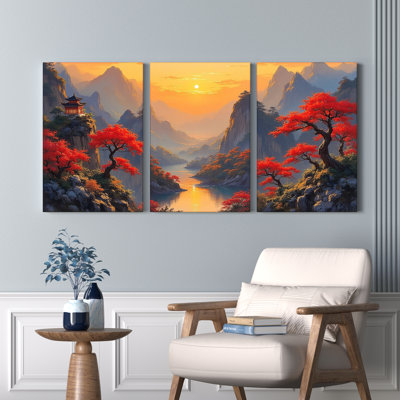 Chinese Landscape with Red Trees and Pagoda Canvas Wrapped Wall Art, Oil Painting Print (Set of 3)