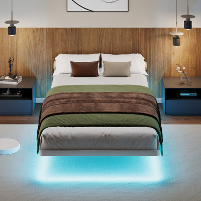 Cadre de lit flottant en métal avec lumières DEL, rangement sous le lit, sans sommier nécessaire