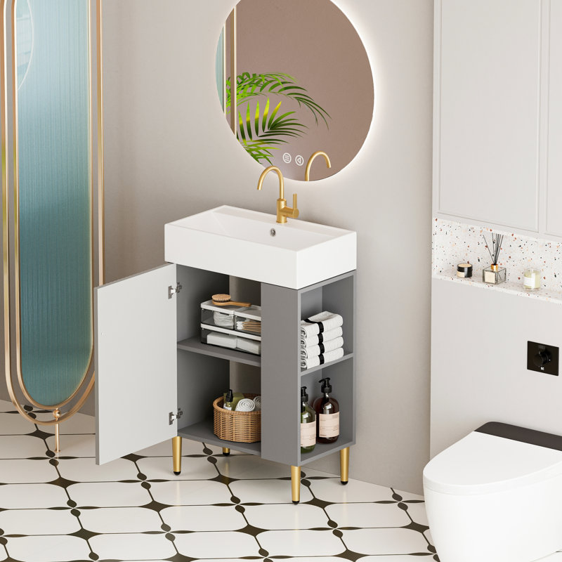 Meuble-lavabo 21,6 po gris 24vb06-21mgr avec lavabo en céramique. Attrait moderne. Fabrication en bois. Grandes options de rangement. Assemblage requis Style élégant. Matériau de qualité. Espaces. Hygiénique et requis