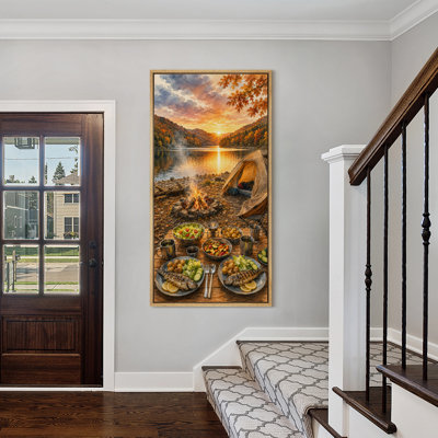«Campfire Lake Adventure with Sunset View», impression murale sur toile encadrée pour chambre principale