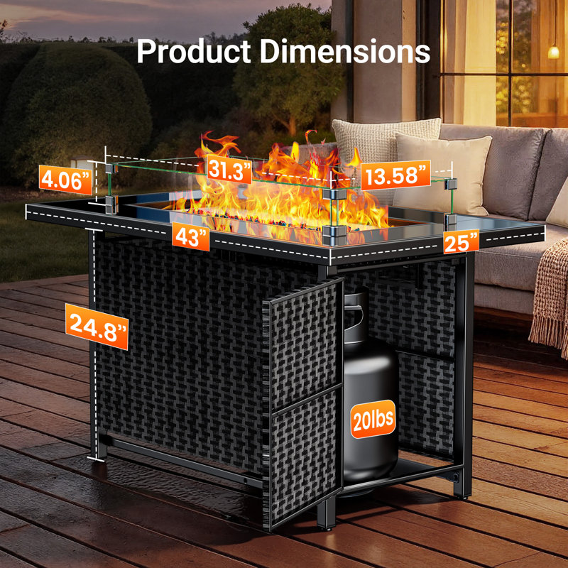 Table de foyer d'extérieur au propane 43 "avec flamme réglable, pierres de verre, pare-vent et couvercle 60 000 BTU, homologué CSA, coussin de pieds réglable, idéal pour la terrasse et le jardin, noir