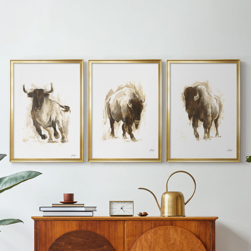 Rustic Bull II - Toile tendue avec châssis sur mesure - 3 pièces, H 27 po x l 39 po, Doré
