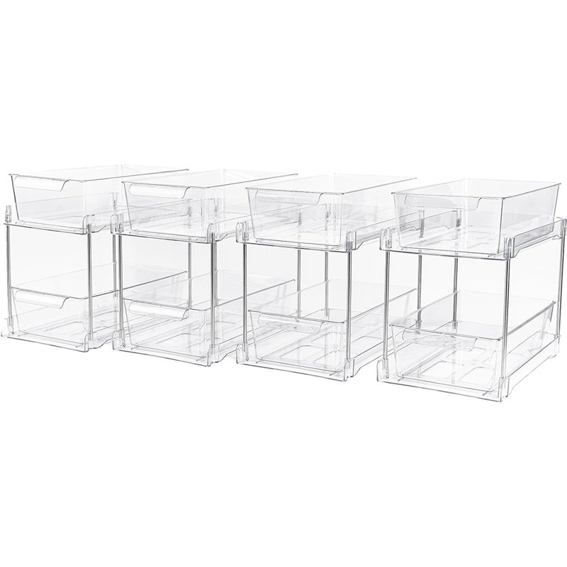 Ensemble de 4 ensembles de rangement de salle de bain à 2 niveaux, organisateurs de sous-comptoir de cuisine transparents, bacs de rangement pour armoire à pharmacie, rangement coulissant avec rail pour garde-manger