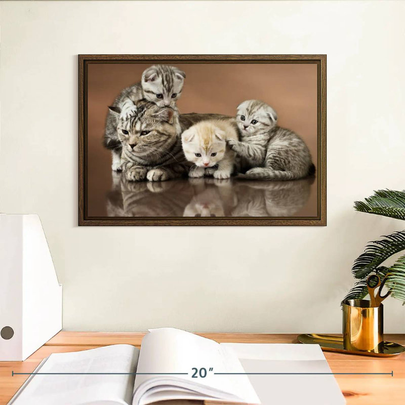 Famille de chats, 13 po x 9 po, Cadre flottant en noyer