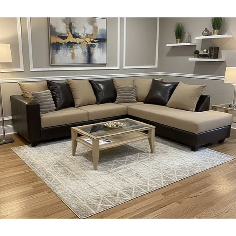 Canapé modulaire 2 pièces Corby Mocha avec base espresso et coussins décoratifs, Tissu moka