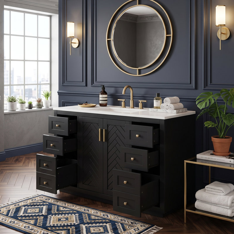 Meuble-lavabo de salle de bain 48 avec lavabo intégré en SMC et 6 tiroirs, armoire de rangement autoportante en MDF peint (noir/blanc)