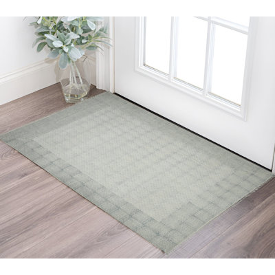 Tapis bleu ivoire et noir tissé à plat à la main 2 pi x 3 pi avec franges