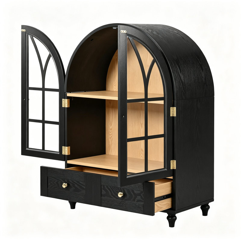 Vitrine cintrée avec portes en verre trempé, meuble de rangement en bois avec tiroirs et pieds en bois massif pour salon, salle à manger ou bureau, noir
