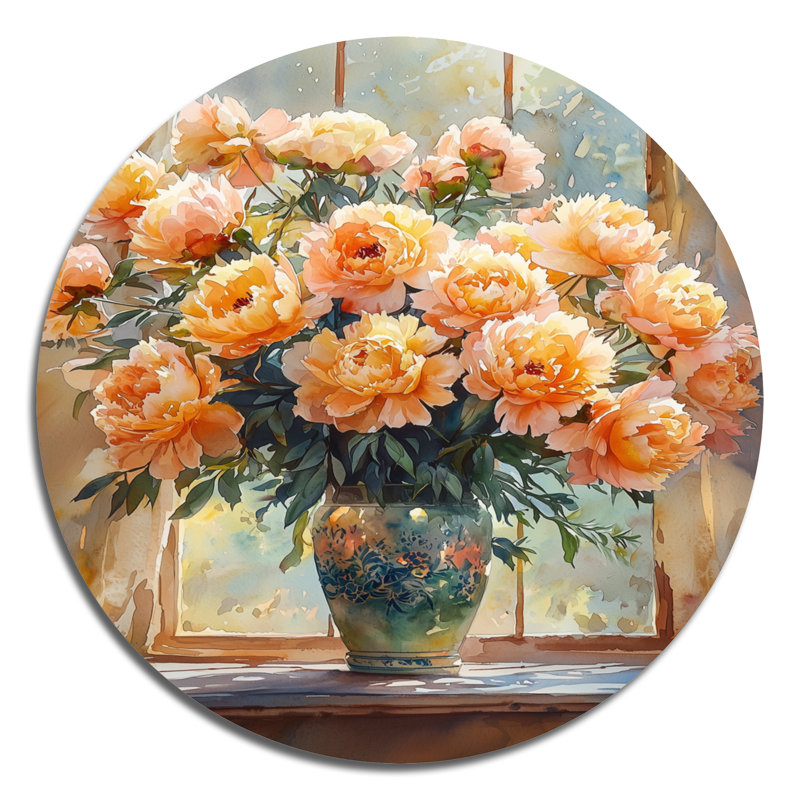 Jollanta - pivoines, art mural rond en métal, H 36 po x l 36 po