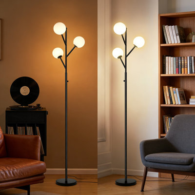 Mid-Century Modern Tree Floor Lamp With Stepless Dimmer, 3 Frosted Glass Shades, 70-Inch Height, Includes Dimmable Bulbs For Living Room, Bedroom, Or Office