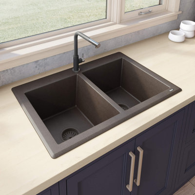 Ruvati 33 x 22 inch epiGranite Drop-in Topmount Granite Composite Quartz Double Bowl Kitchen Sink - Espresso Brown -