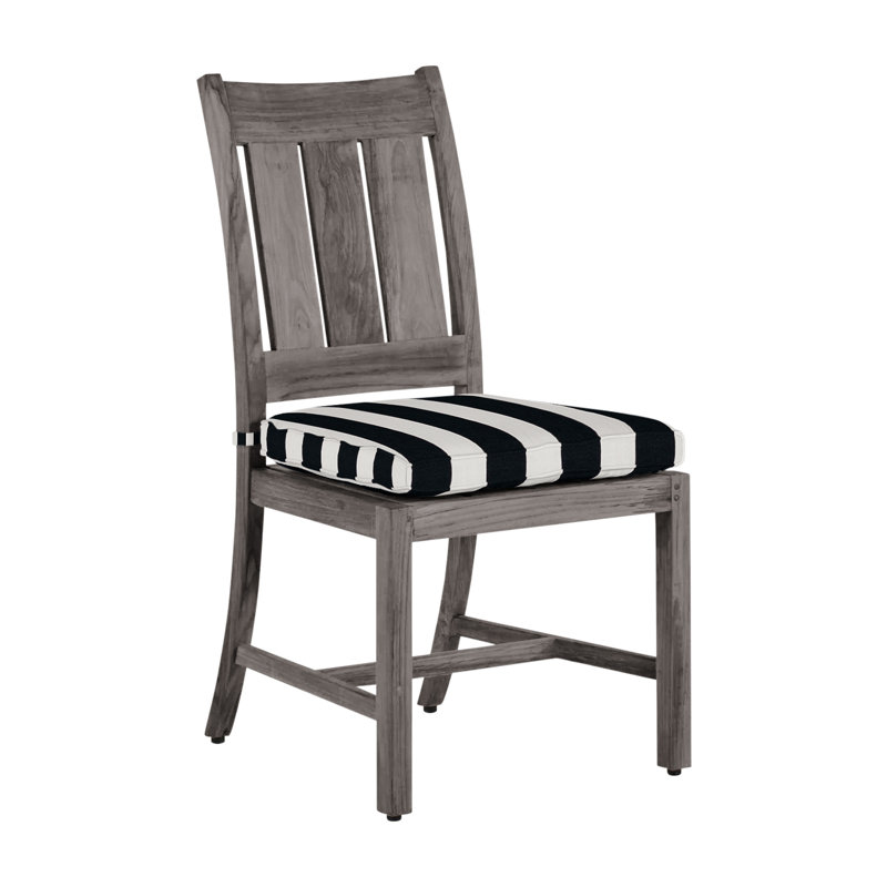 Croquet Patio Dining Side Chair with Cushions, No Welt, Cabana Stripe Midnight, Oyster Teak
