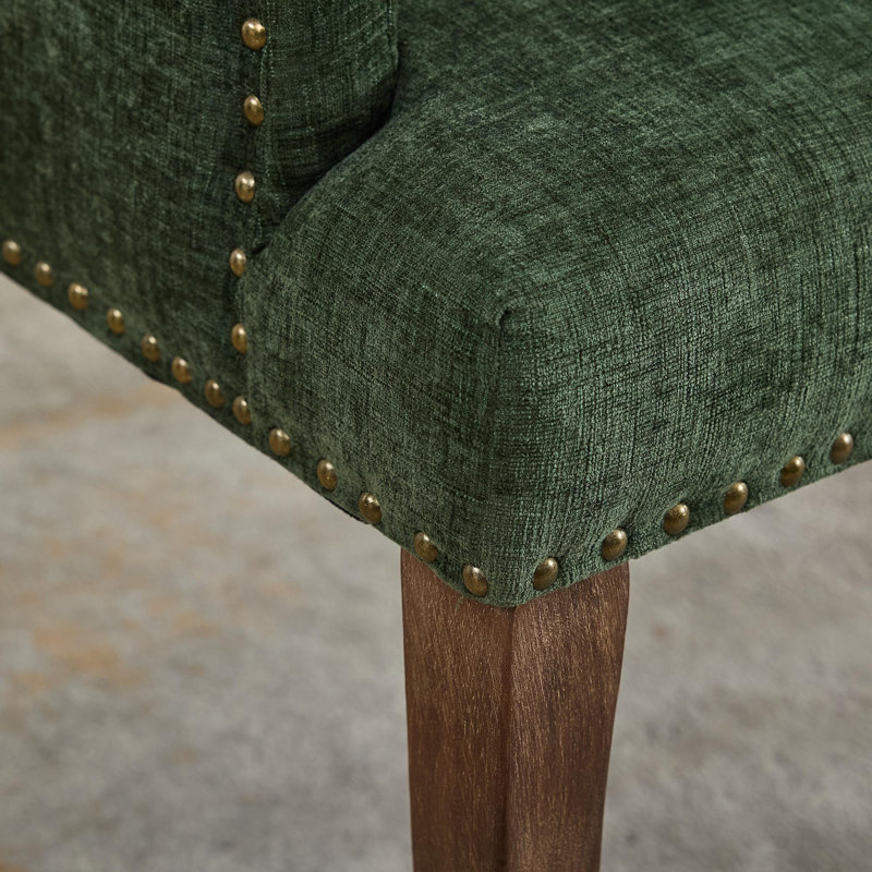 Chaise de salle à manger rembourrée en tissu de chenille, pieds courbés en bois massif, élégante chaise capitonnée de salle à manger avec accoudoirs de cuisine, paquet simple, vert olive, SW1895OL