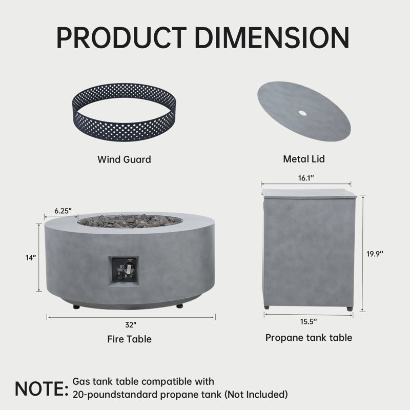 32 Inch Fire Pit Table, Propane Smokeless Fire Pit Table with Hidden Fuel Tank, Wind Guard and Baking Sheet for Garden, Patio, Gray